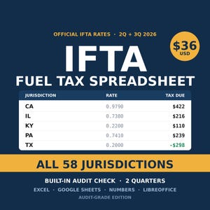 IFTA-brandstofbelastingcalculator met ingebouwde controlefunctie - 2e en 3e kwartaal 2026 - Trucking Fleet Excel - Alle 58 rechtsgebieden - Eigen rijder