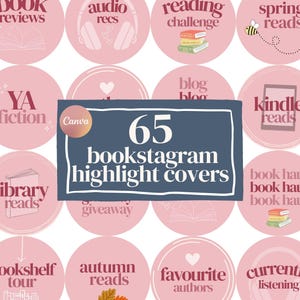 May include: A collection of 65 pink Instagram highlight covers with various book-related themes. Each cover features a white icon and text, such as "book reviews," "reading challenge," and "YA fiction." A central navy blue square displays the number 65 and the words "bookstagram highlight covers."