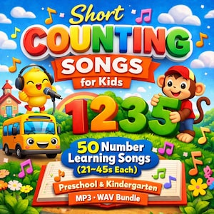 Può includere: Illustrazione colorata per musica per bambini con il titolo "Short Counting Songs for Kids". L'immagine presenta i numeri 1, 2, 3 e 5, un pulcino che canta e una scimmia che tiene il numero 5. Sono presenti anche un autobus scolastico, un arcobaleno e note musicali.