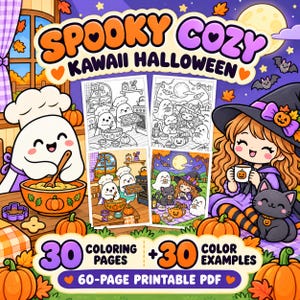 Kawaii Halloween Coloring Book PDF, 60 Printable Pages with Color Examples, Ghosts and Witches