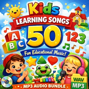Puede incluir: Ilustración digital colorida para canciones educativas infantiles. La imagen presenta el texto "Kids Learning Songs 50" con ilustraciones de notas musicales, bloques ABC, números y personajes de dibujos animados alegres. Incluye un paquete de audio MP3.