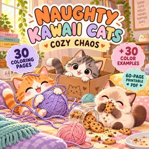 Kawaii Cat Coloring Book PDF, 60 Printable Pages Including Color Examples, Cozy Chaos