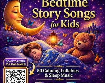 Può includere: Una copertina di album digitale intitolata Bedtime Story Songs for Kids con un bambino e un orsacchiotto che dormono sotto una luna crescente, con un codice QR SCAN TO LISTEN TO A SONG SAMPLE, 50 Calming Lullabies & Sleep Music, MP3 e WAV.