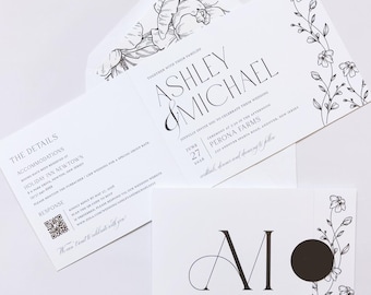 Landscape Bifold Wedding Invitation with Monogram, Floral Graphics and Black Sticker