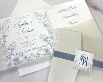 Toile Square Enclosure Wedding Invitation| Satin Ribbon| Custom Monogram Tag