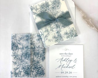Elegant Toile Save the Dates| Printed Vellum| Raw Edge Ribbon