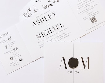 Modern Landscape Gatefold Wedding Invitation with Monogram and Black Wax Seal