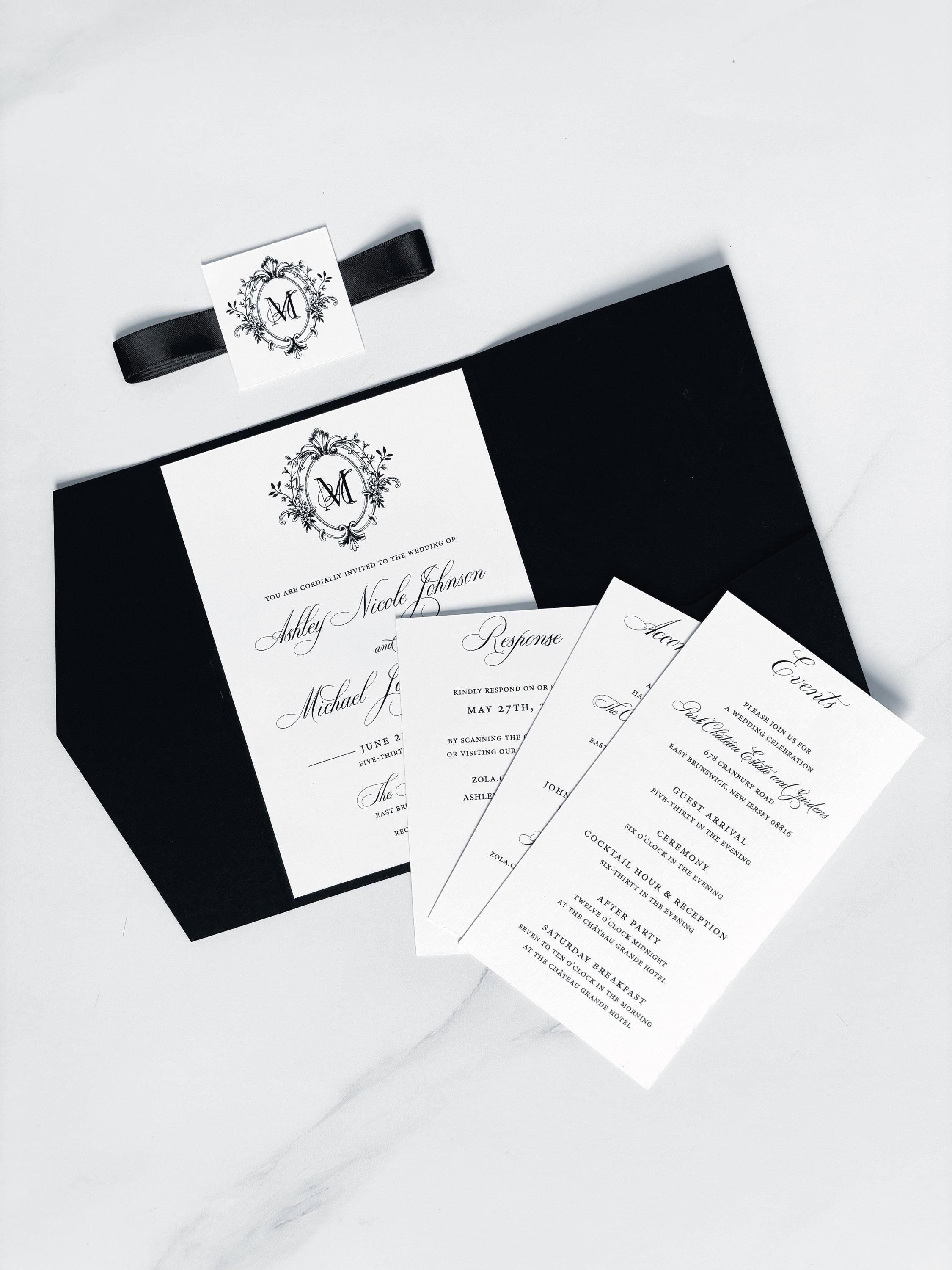 Traditional Black Horizontal Enclosure Wedding Invitations with Black Satin  Ribbon and a Square Tag with Monogrammed Crest, image size:2250x3000