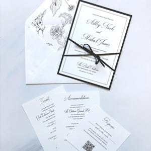 Traditional Stacked Wedding Invitations with Matte Black Backer and Thin Black Ribbon