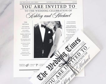 Newspaper Wedding Invitation Wrapped in Thin Black Cord (Tri-fold)