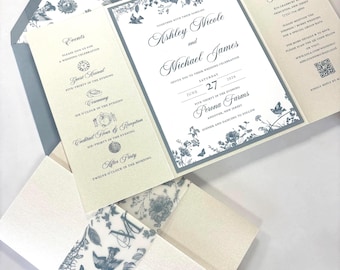 Elegant Toile Tri-Fold Wedding Invitation| QR Code RSVP| Printed Vellum Belly Band with Monogram