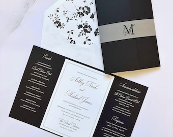 Black and White Trifold Wedding Invitation with Vellum Belly Band and Monogram