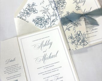 Elegant Toile Wedding Invitation| Half-Fold Design| QR Code RSVP| Raw Edge Ribbon