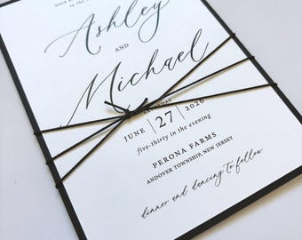 CUSTOM LISTING 70 Modern Stacked Wedding Invitations with Matte Black Backer and Thin Black Cord