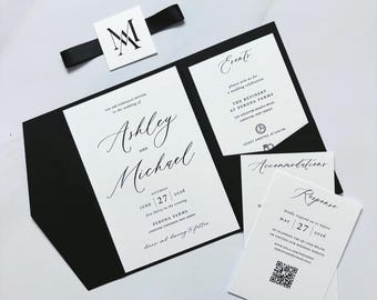 Modern Black and White Enclosure Wedding Invitations with Ribbon and Monogram
