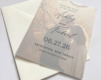 Save The Dates with a Vellum Overlay and Modern Print and Script Fonts