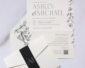 Floral Landscape Trifold Wedding Invitation: Black Belly Band, White Ink Monogram
