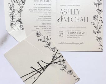 Modern Half-fold Wedding Invitation with Monogram, Floral Graphics and Black Cord