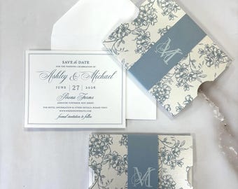 Toile Jacket Sleeve Save The Dates| Paper Belly Band| White Ink Monogram