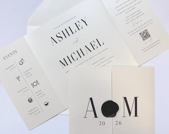 Modern Square Gatefold Wedding Invitation with Monogram and Black Wax Seal