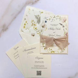 Floral Stacked Wedding Invitations with Raw Edge Ribbon