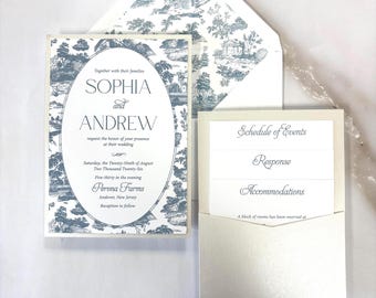 Wedding Invitations with Toile Border| Panel Pocket Enclosure| QR Code RSVP