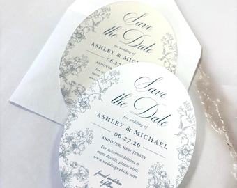 Oval Toile Save the Dates| Vintage Floral Design| A2 Envelopes