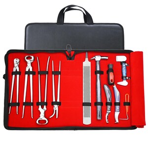 May include: A black carrying case with a red interior holds a set of farrier tools. The tools include nippers, hoof knives, a rasp, a hammer, and other instruments. The case has a handle for easy transport.