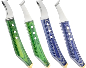 Hand-Finished Farrier Hoof Knife set with brass End | J2 Steel Blade Loop Knife, Wooden Handle in Green or Blue | Farriers Gift