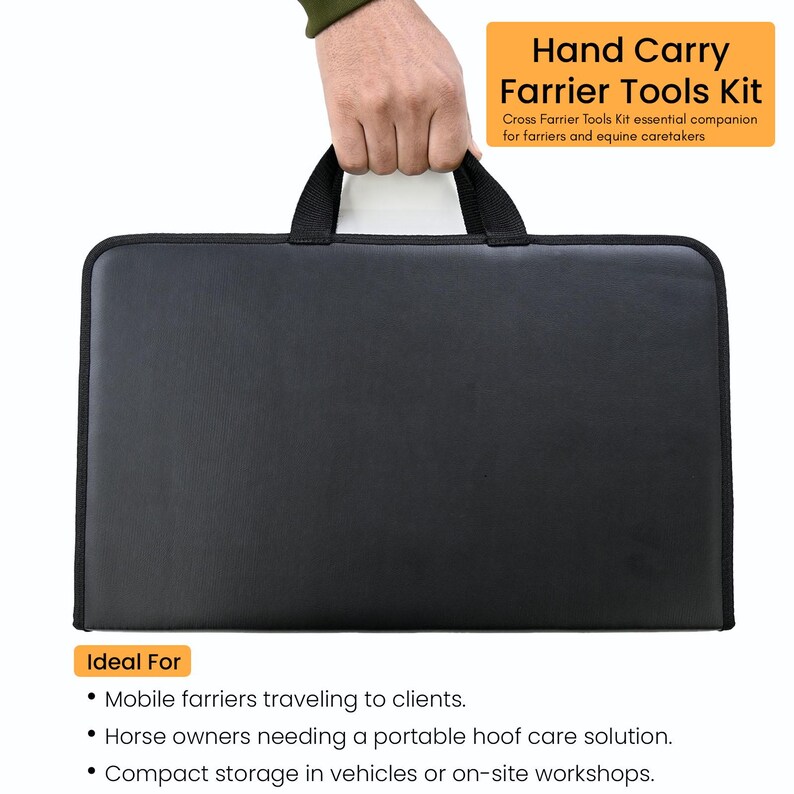 May include: A black rectangular Hand Carry Farrier Tools Kit with a handle is held by a person. The text on the image says "Cross Farrier Tools Kit essential companion for farriers and equine caretakers."