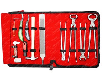 Hand-Assembled Farrier Trimming & Shoe Removal Kit | 15in Nipper, 12in Cutter, Puller, Rasp, Knives | Custom Engraved Hoof Care Set