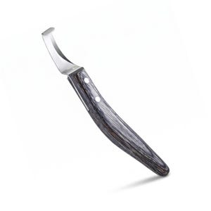 May include: A curved metal blade tool with a pointed, hooked tip and a polished silver finish. The handle is made of dark, wood-grain patterned material with two visible silver rivets securing the grip to the metal tang of the tool.