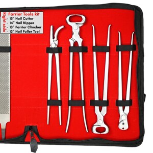 May include: A farrier tool kit with a red interior and black exterior. The kit includes a 15" nail cutter, 14" nail nipper, 13" farrier clincher, and a 13" nail puller tool. The tools are silver and held in place with black straps.