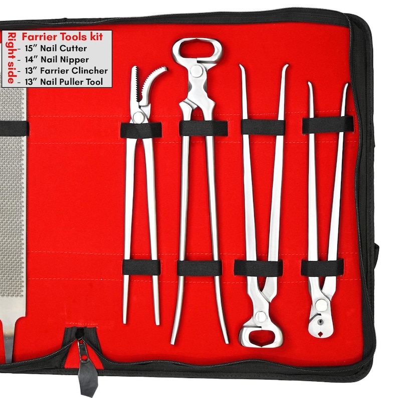 May include: A farrier tool kit with a red interior and black exterior. The kit includes a 15" nail cutter, 14" nail nipper, 13" farrier clincher, and a 13" nail puller tool. The tools are silver and held in place with black straps.