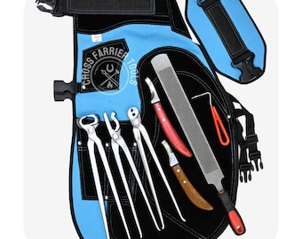 Handmade Farrier Apron & 7-Piece Tools Kit – 14" Nipper, Clincher, Nail Puller, Hoof Knives, Rasp Pickup Tool for Hoof Trimming - Blue
