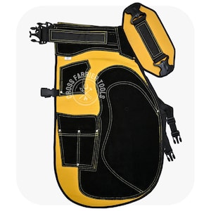 May include: A yellow and black farrier apron with multiple pockets and adjustable straps. The apron features the text "CROSS FARRIER TOOLS" and is designed for protection and utility. The apron measures 27 inches in length.