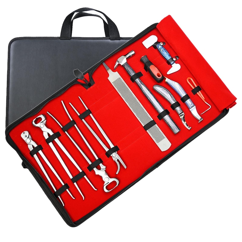 May include: A black zippered case with a red interior, holding various silver metal farrier tools. The tools include nippers, a rasp, a hammer, and other specialized instruments. The case has a black handle.