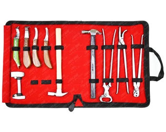 Kit per la ferratura da maniscalco assemblato a mano con coltello per zoccoli con punta in ottone / Tronchesino da 15 pollici, pinza per chiodi, estrattore, 2 martelli, 4 coltelli / Incisione personalizzata
