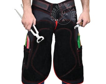 Handmade Leather Farrier Apron Chaps Adjustable Cowhide Aprons Hoof Trimming Foam Padding, Knife Pockets & Magnetic Holders (without Tools)