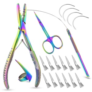 Hand-Made Hair Extension Tools Kit – Micro Links Beads Opener, Crimping Plier, Loop Tool, 12pcs Styling Clips & 4pcs Needles in Soft Case