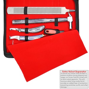 May include: A farrier tool kit with a red velvet separator. The kit includes a rasp, hammer, hoof knives, and other tools. The tools have wooden handles and are secured with black straps inside a black zippered case.