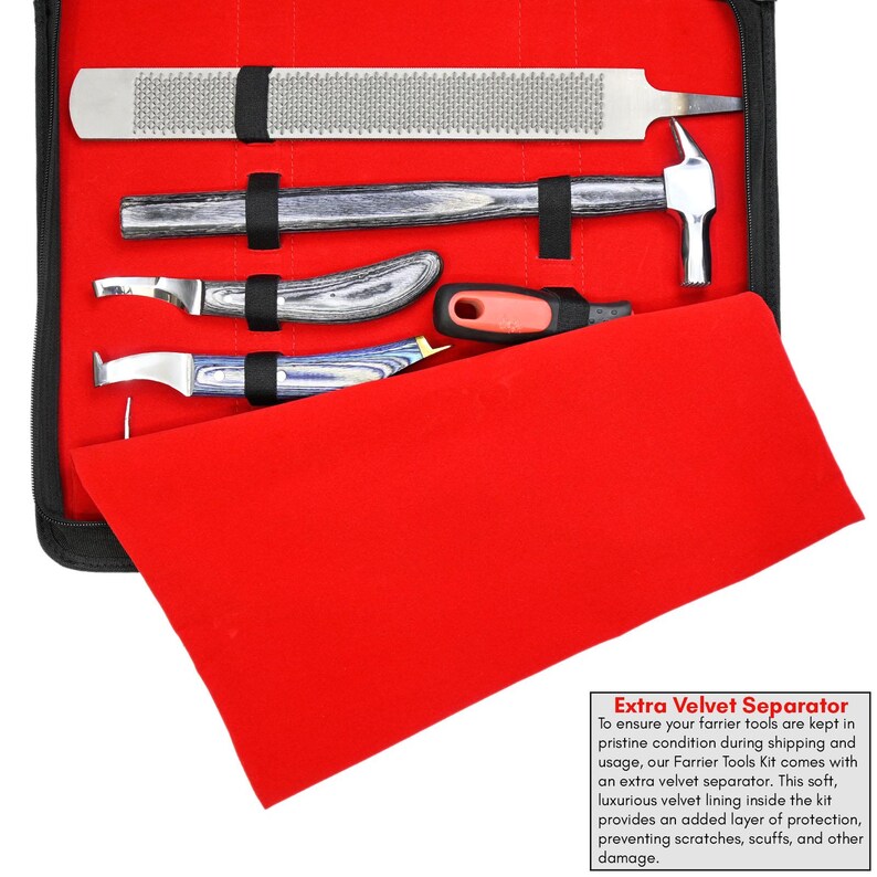 May include: A farrier tool kit with a red velvet separator. The kit includes a rasp, hammer, hoof knives, and other tools. The tools have wooden handles and are secured with black straps inside a black zippered case.
