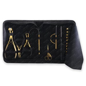 Handmade Hair Extension Tools Kit – Tape-In Plier, Nano and Micro Beads Pliers, Loop Tool, Hair Clips & Styling Comb in PU Case Gold Color