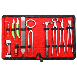 Könnte beinhalten: Ein Satz Hufschmiedewerkzeuge, der auf einem roten Stoffhintergrund in einem schwarzen Etui präsentiert wird. Die Werkzeuge umfassen Hufmesser, Raspeln, Zangen, einen Hammer und andere Spezialinstrumente. Die Werkzeuge sind aus Metall und haben Holz- oder Kunststoffgriffe.