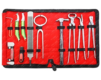 Professional 10pcs Horse Farrier Tools Kit – 15inch Hoof Nipper, Clincher, Rasp, Hoof Loop Knife with brass End, Hammer & More in Carry Case