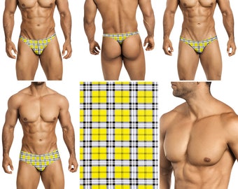 Yellow, Black & White Plaid Swimsuits for Men by Vuthy Sim.  Choose Thong, Bikini, Brief, Squarecut - 214
