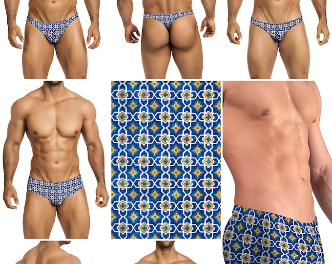 Royal Blue & Yellow Tile Swimsuits for Men by Vuthy Sim.  Choose Thong or Bikini - 190
