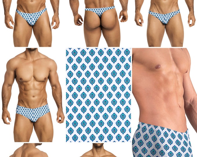 Blue-Green Tapestry on White Swimsuits for Men by Vuthy Sim.  Choose Thong, Bikini, Brief, Squarecut - 188