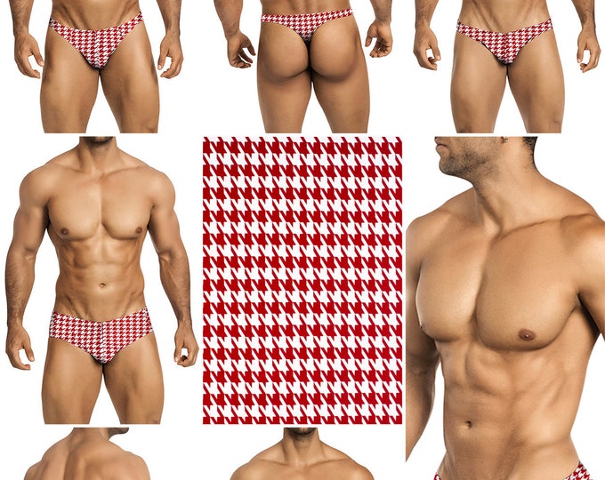 Red Houndstooth on White Swimsuits for Men by Vuthy Sim.  Choose Thong, Bikini, Brief, Squarecut - 195