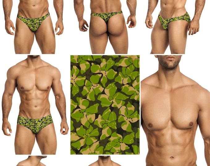 Green Blossom Swimsuits for Men by Vuthy Sim in Thong, Bikini, Brief, Squarecut, Boxer, or Board Shorts - 279